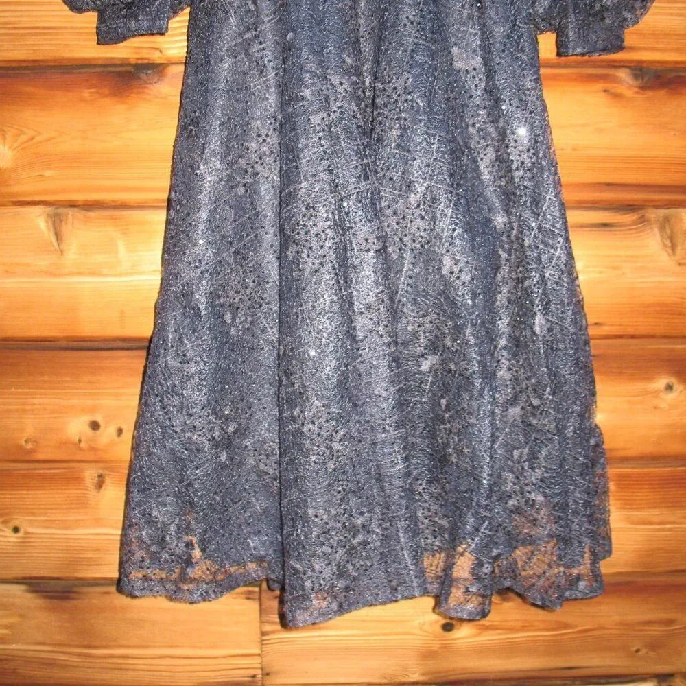 MAC DUGGAL 20391 Womens Blue Embellished Plunge Neck Bishop Sleeve Midi Dress